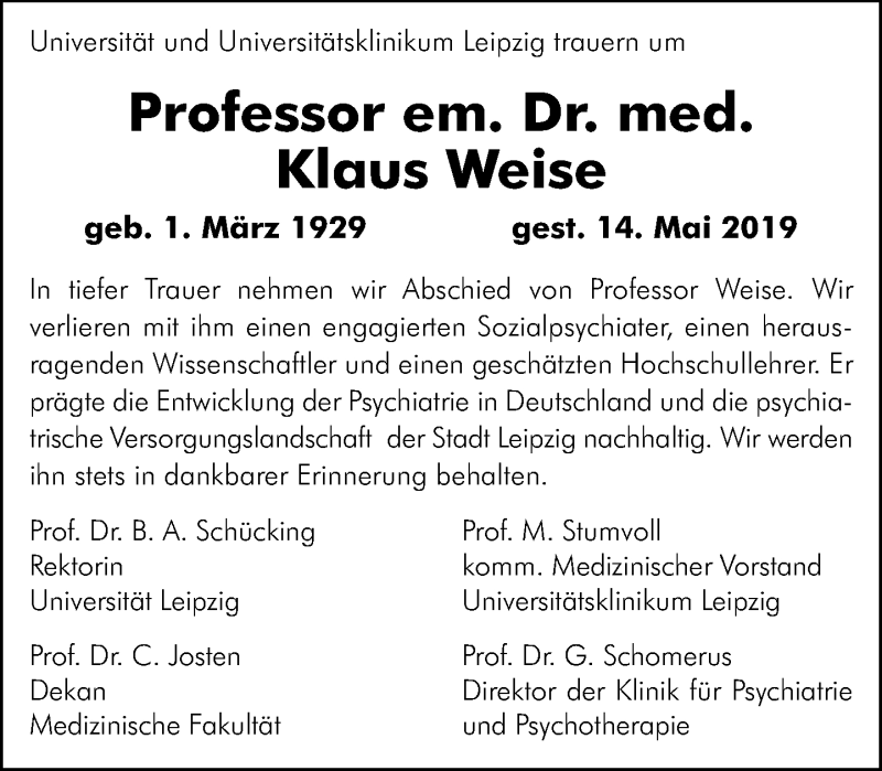  Traueranzeige für Klaus Weise vom 25.05.2019 aus Leipziger Volkszeitung