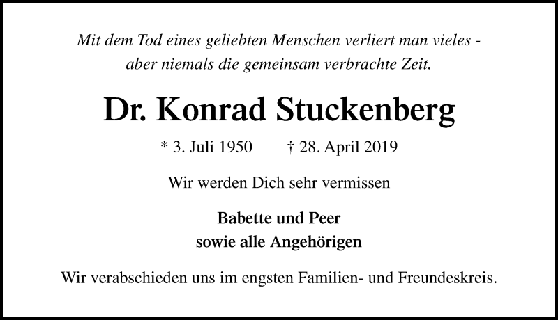  Traueranzeige für Konrad Stuckenberg vom 12.05.2019 aus Lübecker Nachrichten
