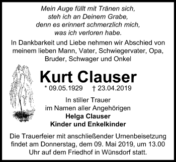 Traueranzeige von Kurt Clauser von Märkischen Allgemeine Zeitung