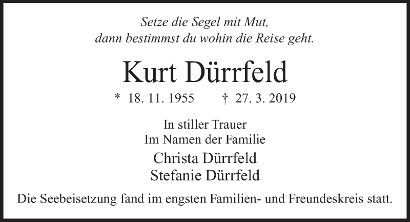  Traueranzeige für Kurt Dürrfeld vom 27.04.2019 aus Kieler Nachrichten