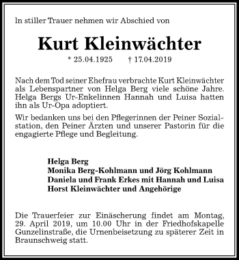 Traueranzeige von Kurt Kleinwächter von Peiner Allgemeine Zeitung