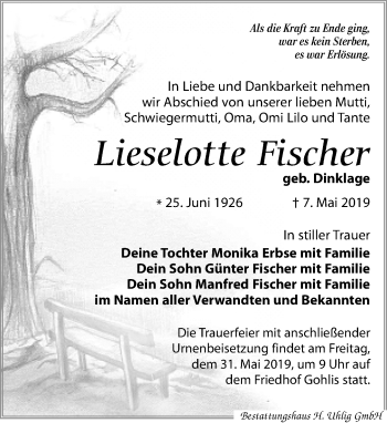Traueranzeige von Lieselotte Fischer von Leipziger Volkszeitung