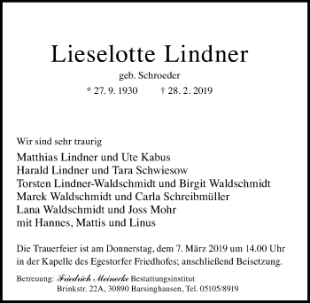 Traueranzeige von Lieselotte Lindner von Hannoversche Allgemeine Zeitung/Neue Presse