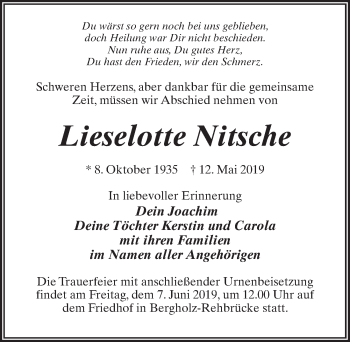 Traueranzeige von Lieselotte Nitsche von Märkischen Allgemeine Zeitung