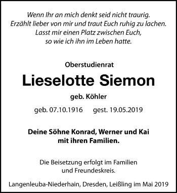 Traueranzeige von Lieselotte Siemon von Leipziger Volkszeitung
