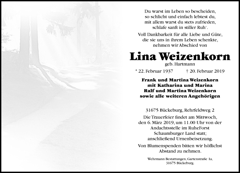  Traueranzeige für Lina Weizenkorn vom 02.03.2019 aus Schaumburger Nachrichten