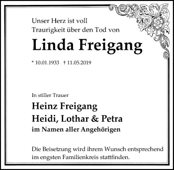 Traueranzeige von Linda Freigang von Märkischen Allgemeine Zeitung