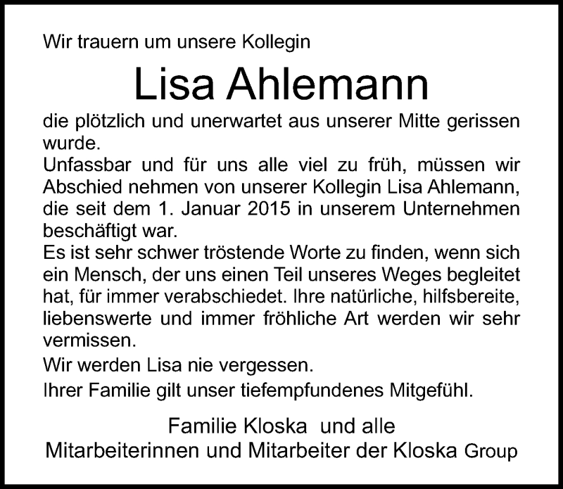  Traueranzeige für Lisa Ahlemann vom 30.04.2019 aus Ostsee-Zeitung GmbH