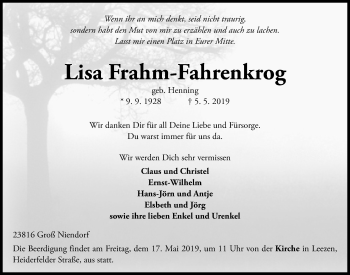 Traueranzeige von Lisa Frahm-Fahrenkrog von Kieler Nachrichten