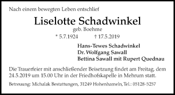 Traueranzeige von Liselotte Schadwinkel von Hannoversche Allgemeine Zeitung/Neue Presse