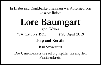 Traueranzeige von Lore Baumgart von Lübecker Nachrichten