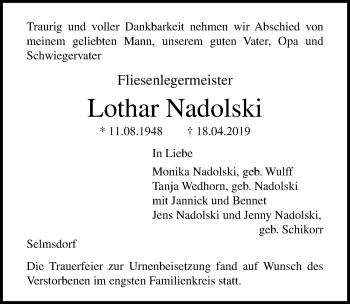 Traueranzeige von Lothar Nadolski von Lübecker Nachrichten