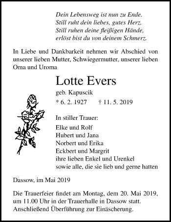 Traueranzeige von Lotte Evers von Ostsee-Zeitung GmbH