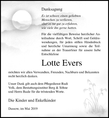 Traueranzeige von Lotte Evers von Ostsee-Zeitung GmbH