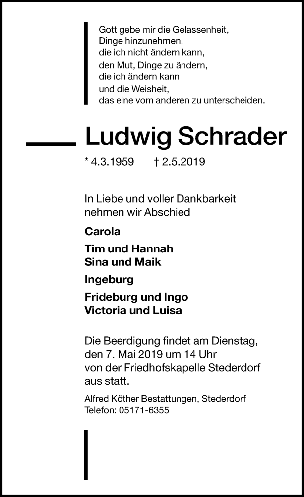  Traueranzeige für Ludwig Schrader vom 04.05.2019 aus Peiner Allgemeine Zeitung