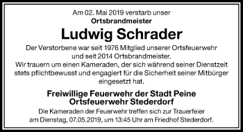 Traueranzeige von Ludwig Schrader von Peiner Allgemeine Zeitung