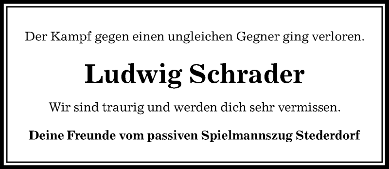  Traueranzeige für Ludwig Schrader vom 07.05.2019 aus Peiner Allgemeine Zeitung