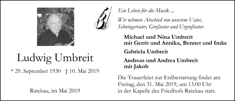  Traueranzeige für Ludwig Umbreit vom 26.05.2019 aus Lübecker Nachrichten