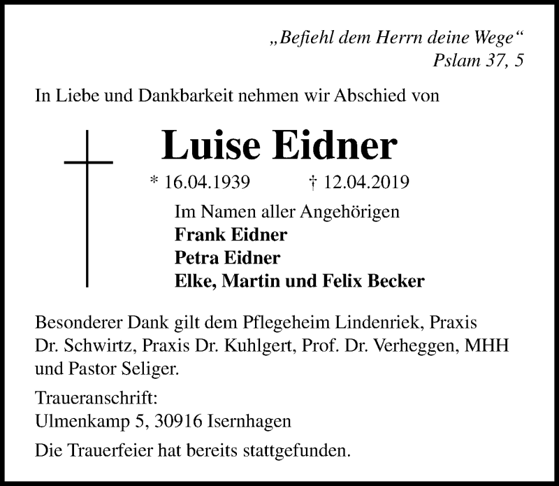  Traueranzeige für Luise Eidner vom 04.05.2019 aus Hannoversche Allgemeine Zeitung/Neue Presse
