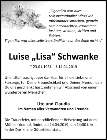 Traueranzeige von Luise Schwanke von Märkischen Allgemeine Zeitung