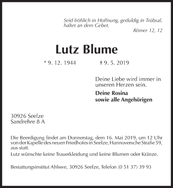 Traueranzeige von Lutz Blume von Hannoversche Allgemeine Zeitung/Neue Presse