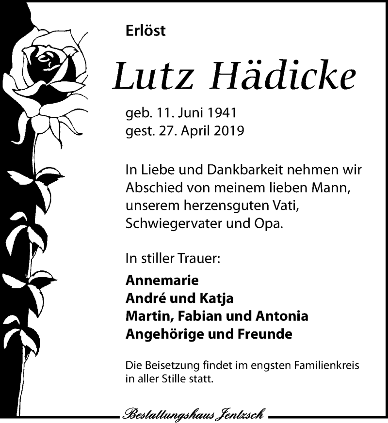  Traueranzeige für Lutz Hädicke vom 04.05.2019 aus Leipziger Volkszeitung