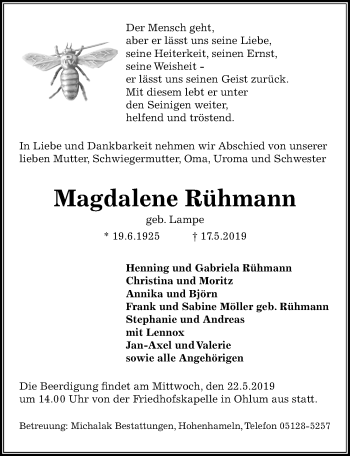Traueranzeige von Magdalene Rühmann von Peiner Allgemeine Zeitung