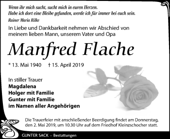 Traueranzeige von Manfred Flache von Leipziger Volkszeitung