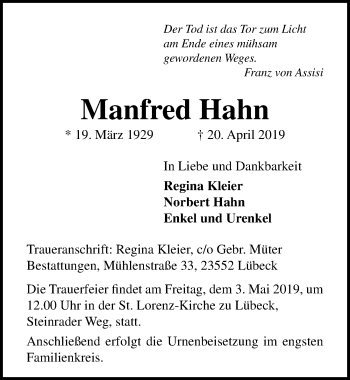 Traueranzeige von Manfred Hahn von Lübecker Nachrichten