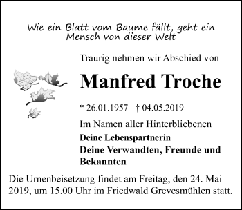 Traueranzeige von Manfred Troche von Ostsee-Zeitung GmbH