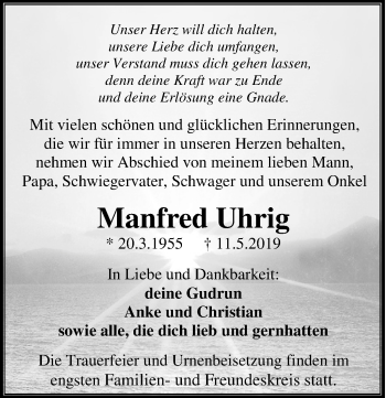 Traueranzeige von Manfred Uhrig von Ostsee-Zeitung GmbH