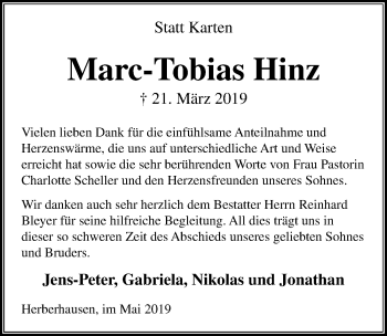 Traueranzeige von Marc-Tobias Hinz von Göttinger Tageblatt