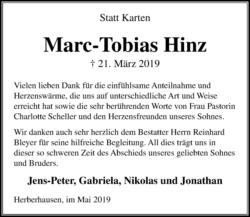  Traueranzeige für Marc-Tobias Hinz vom 18.05.2019 aus Göttinger Tageblatt