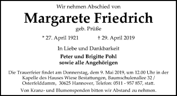Traueranzeige von Margarete Friedrich von Hannoversche Allgemeine Zeitung/Neue Presse