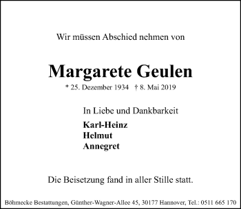 Traueranzeige von Margarete Geulen von Hannoversche Allgemeine Zeitung/Neue Presse