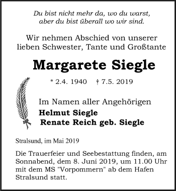 Traueranzeige von Margarete Siegle von Ostsee-Zeitung GmbH