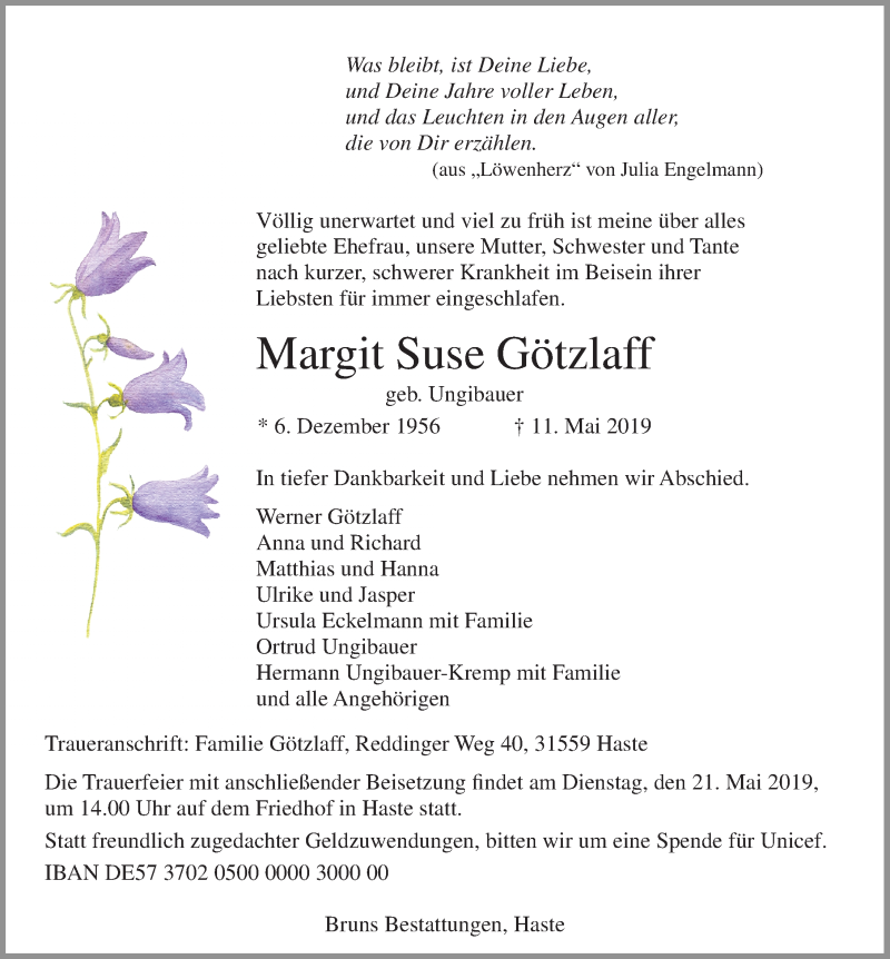  Traueranzeige für Margit Suse Götzlaff vom 18.05.2019 aus Schaumburger Nachrichten
