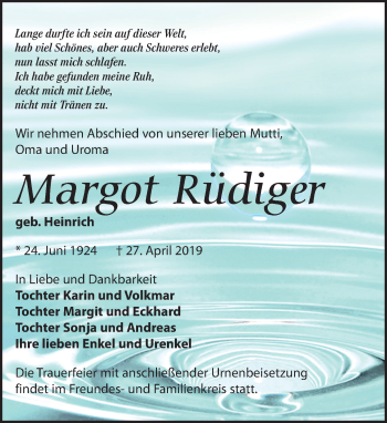 Traueranzeige von Margot Rüdiger von Leipziger Volkszeitung