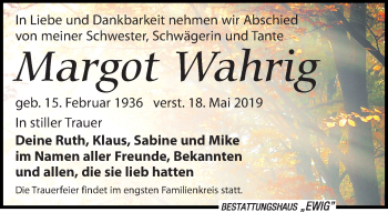 Traueranzeige von Margot Wahrig von Leipziger Volkszeitung