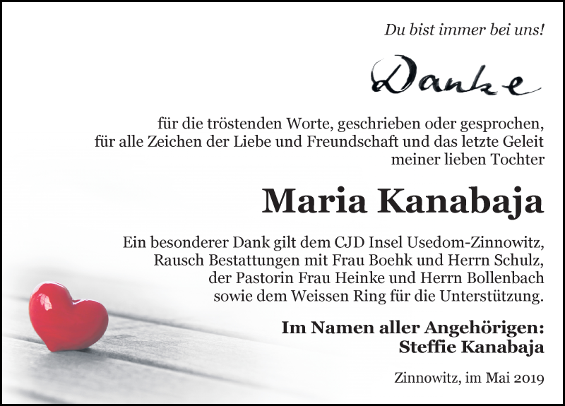  Traueranzeige für Maria Kanabaja vom 18.05.2019 aus Ostsee-Zeitung GmbH