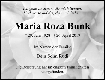 Traueranzeige von Maria Roza Bunk von Lübecker Nachrichten