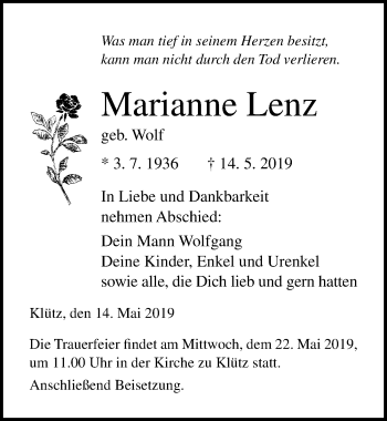 Traueranzeige von Marianne Lenz von Ostsee-Zeitung GmbH