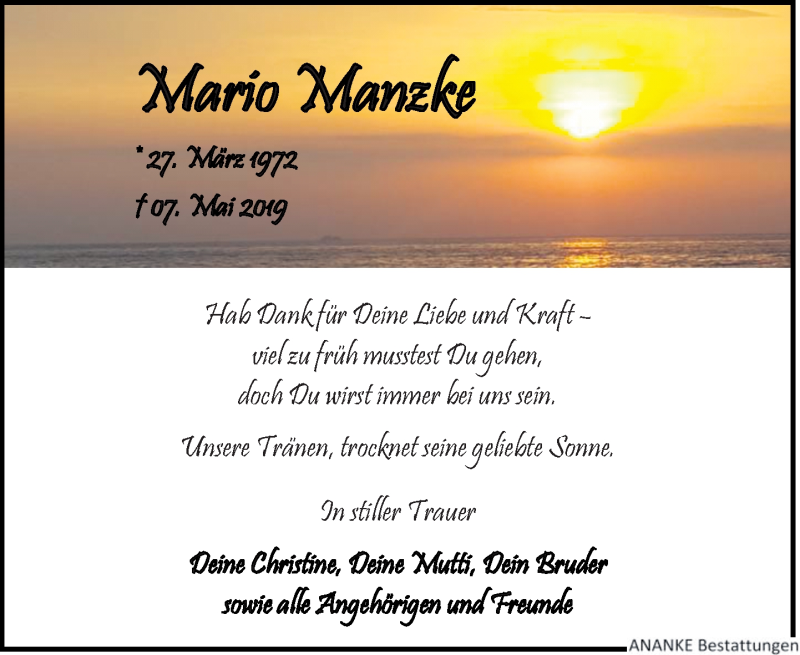  Traueranzeige für Mario Manzke vom 25.05.2019 aus Leipziger Volkszeitung