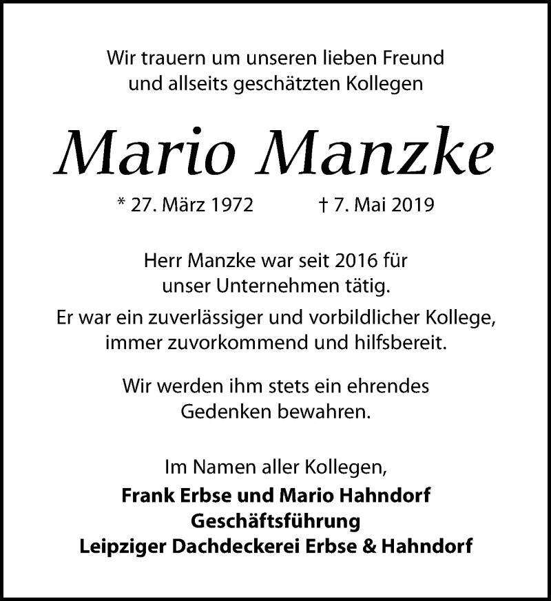  Traueranzeige für Mario Manzke vom 11.05.2019 aus Leipziger Volkszeitung
