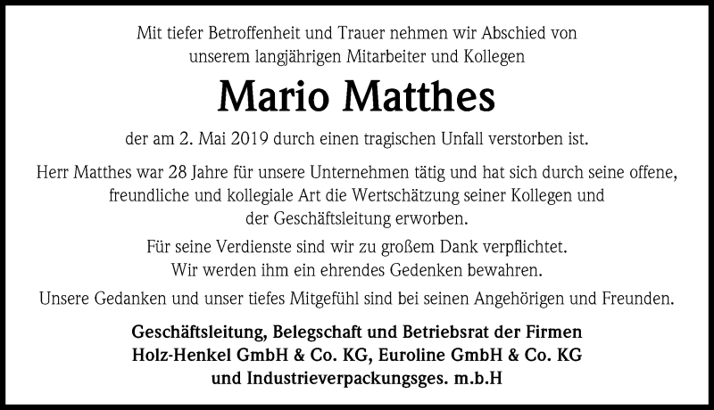  Traueranzeige für Mario Matthes vom 09.05.2019 aus Göttinger Tageblatt