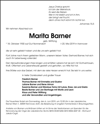 Traueranzeige von Marita Barner von Hannoversche Allgemeine Zeitung/Neue Presse