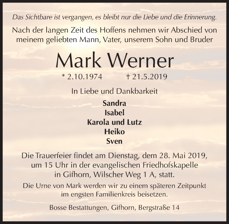  Traueranzeige für Mark Werner vom 25.05.2019 aus Aller Zeitung