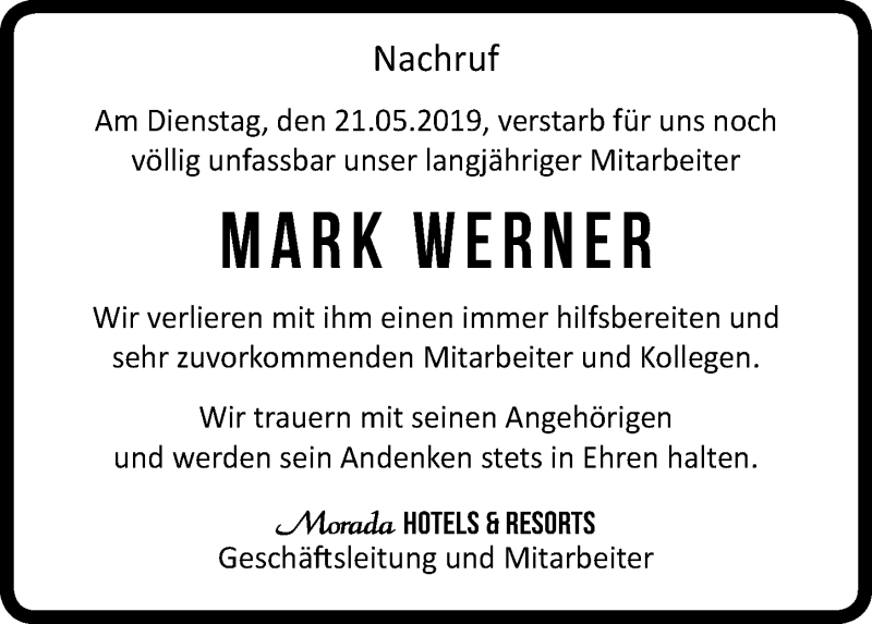  Traueranzeige für Mark Werner vom 27.05.2019 aus Aller Zeitung