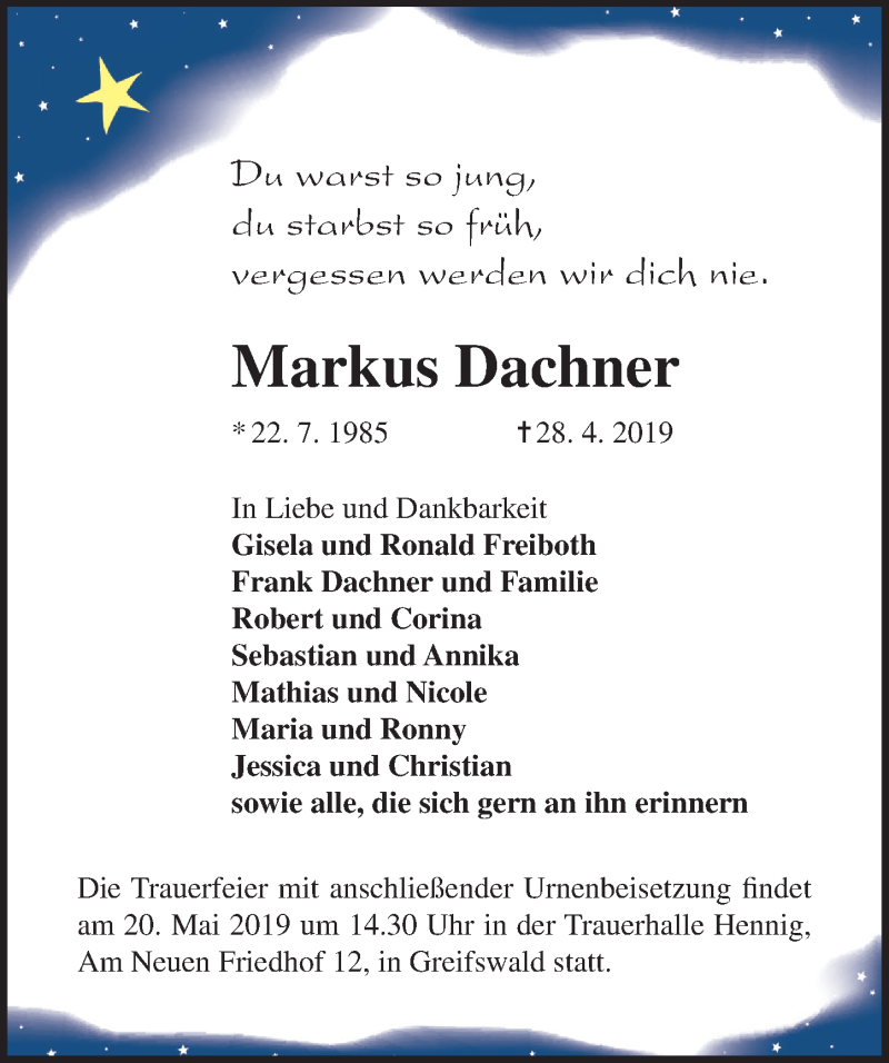  Traueranzeige für Markus Dachner vom 11.05.2019 aus Ostsee-Zeitung GmbH