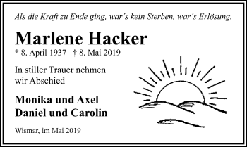 Traueranzeige von Marlene Hacker von Ostsee-Zeitung GmbH